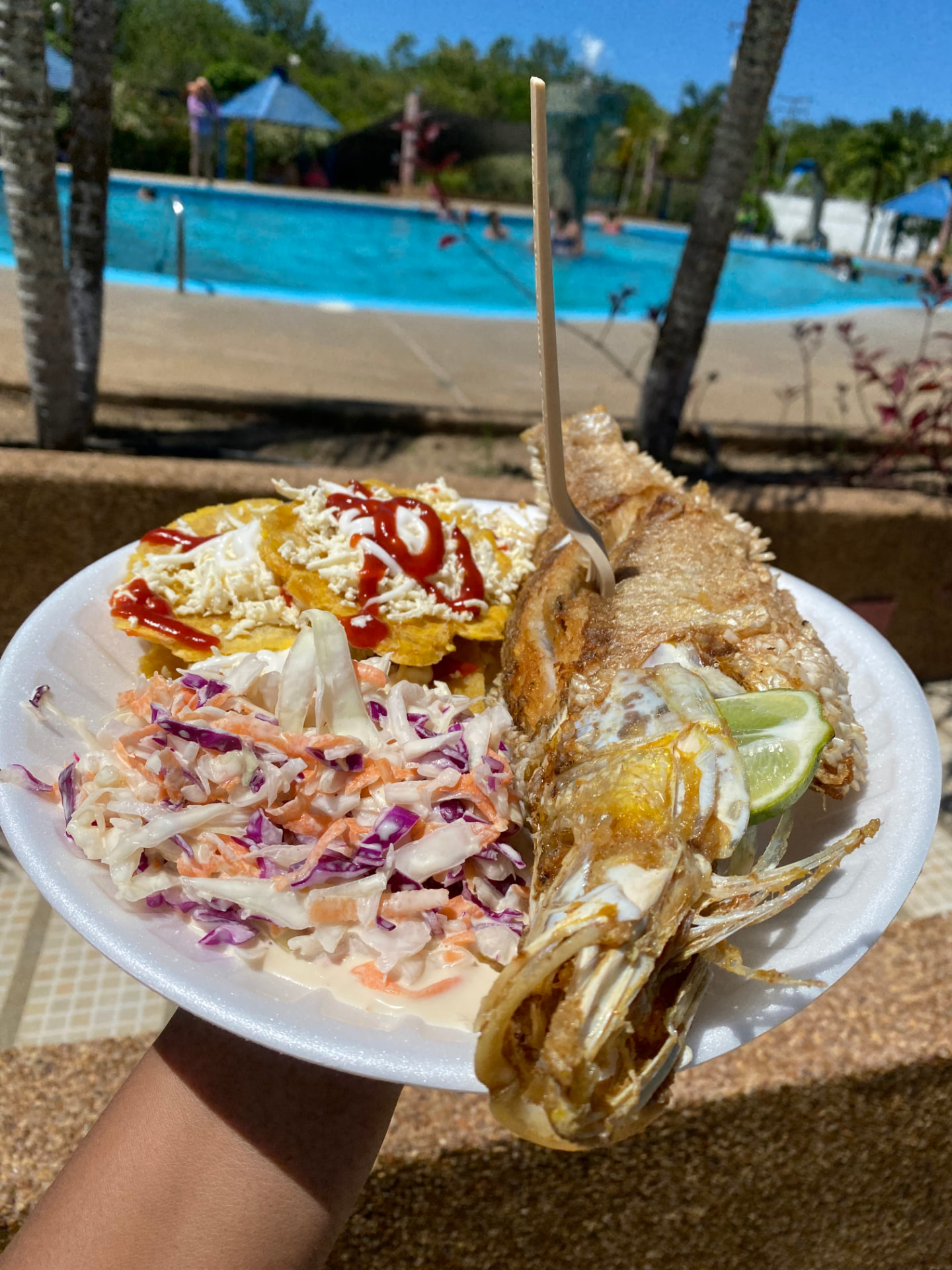 Platos y bebidas del restaurante de Posada Century junto a la piscina